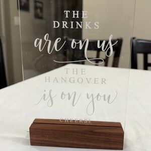 Elegant Glass Drink Sign with Wooden Base